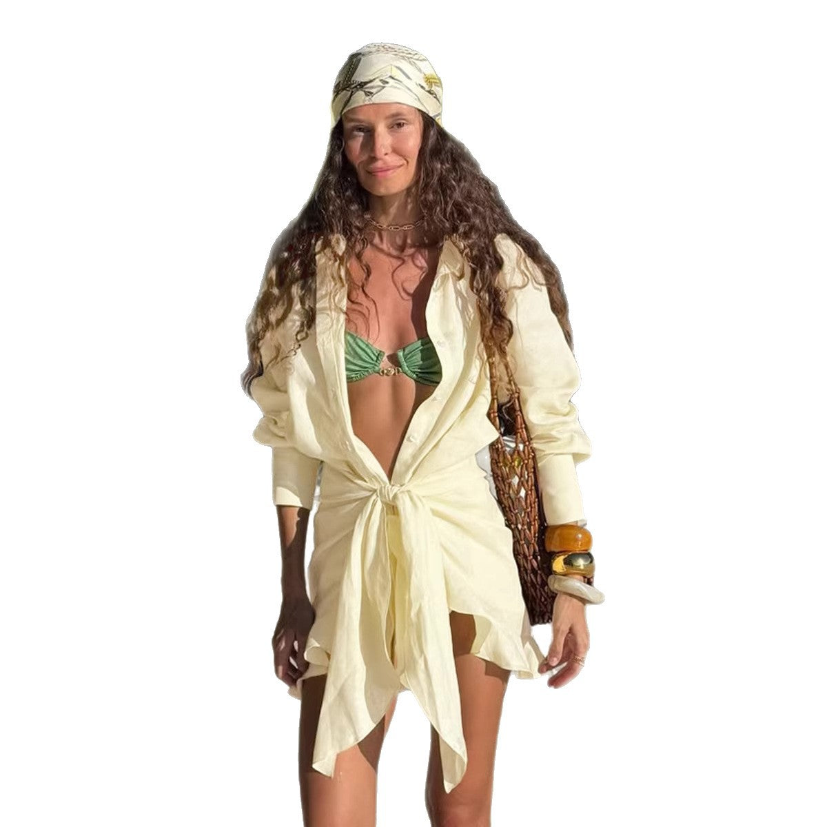 Laid-back Solid-color Belted Wrap Shirt Dress For A Relaxing Getaway