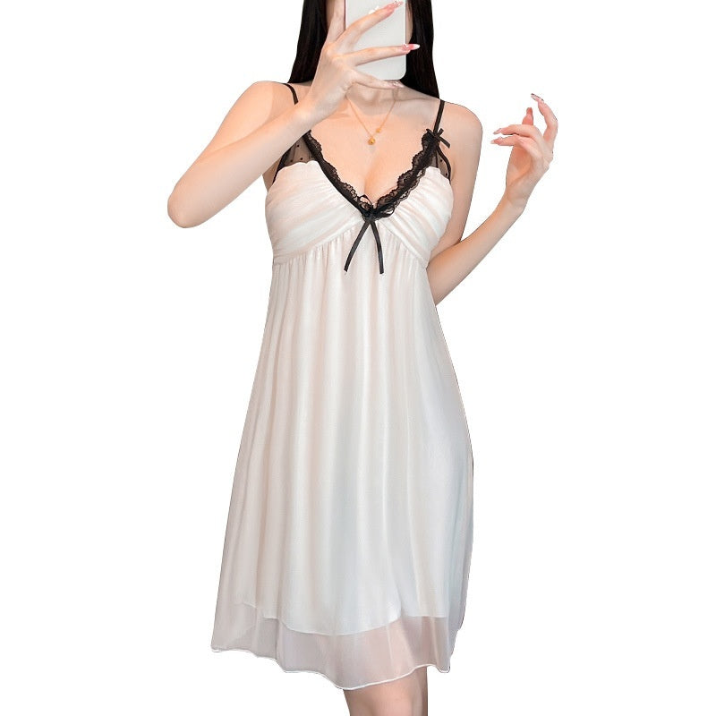 Womens Lace Camisole With Padded Bra Skin-friendly Ice-silk Nightgown Adorned With Lace Trim