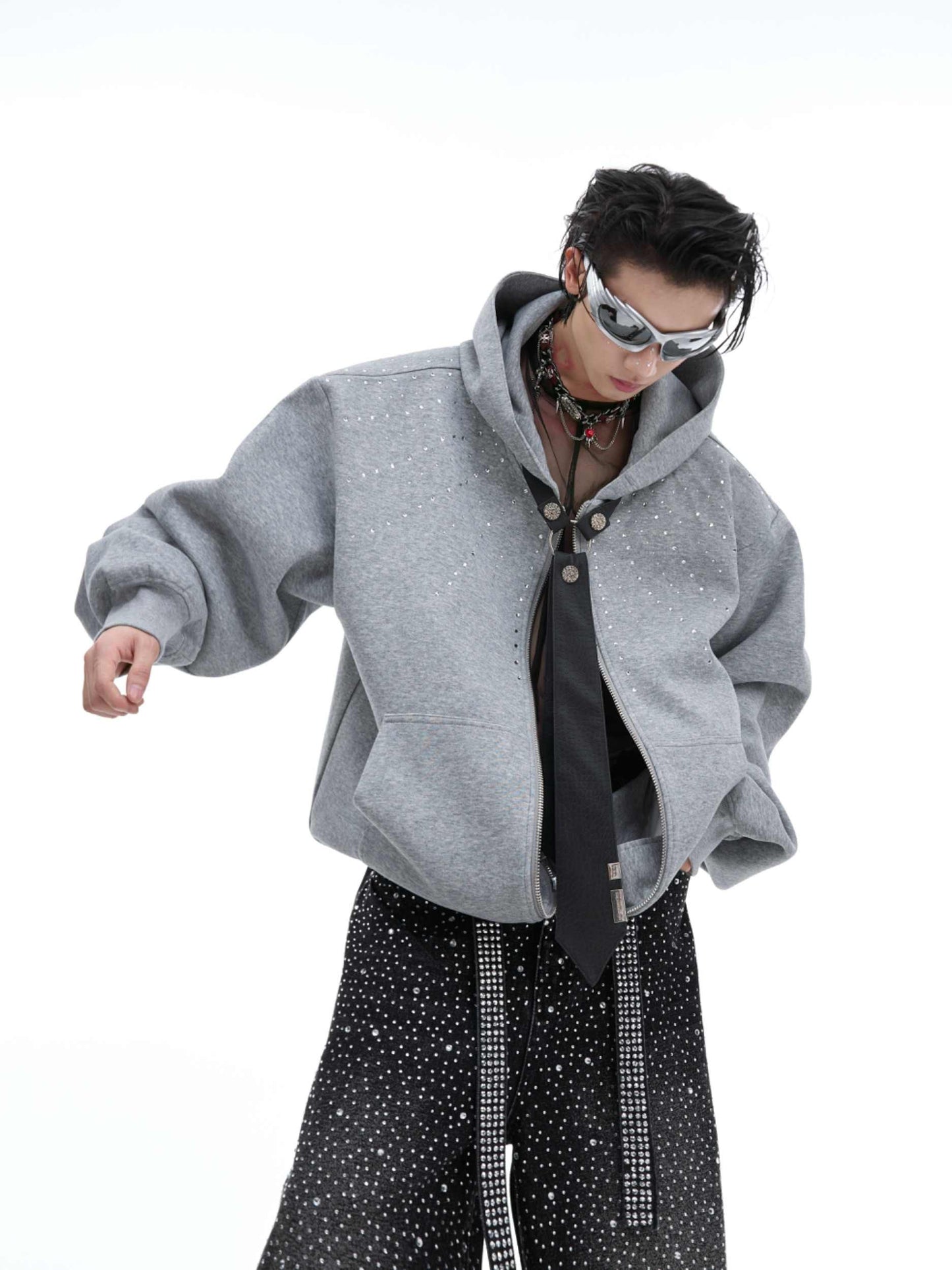 Rhinestone Detachable Tie Hooded Sweater Baggy Coat