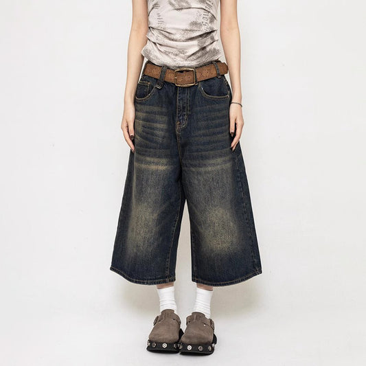 Women's American-style Retro Loose Cropped Denim Wide-leg Pants