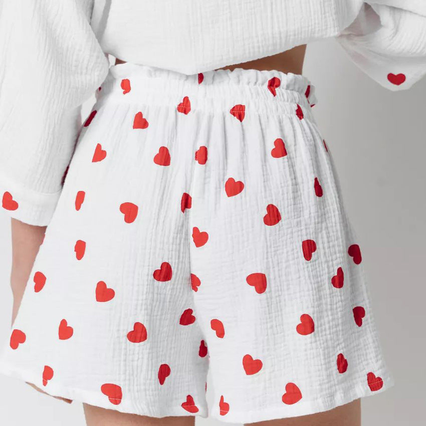 Cotton Homewear Set Heart-printed Three-quarter-sleeve Top And Shorts