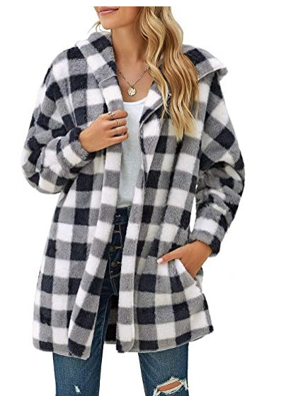 Women's Loose Black And White Plaid Hooded Long Sleeve Jacket