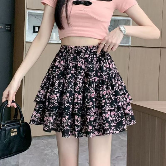 French Style Vintage And Little Fresh Cherry Floral A- Line Skirt