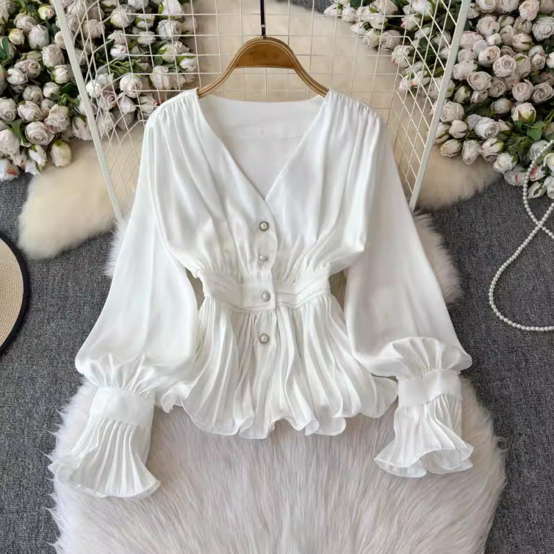 Temperament V-neck Long Sleeve Top Young French Minority