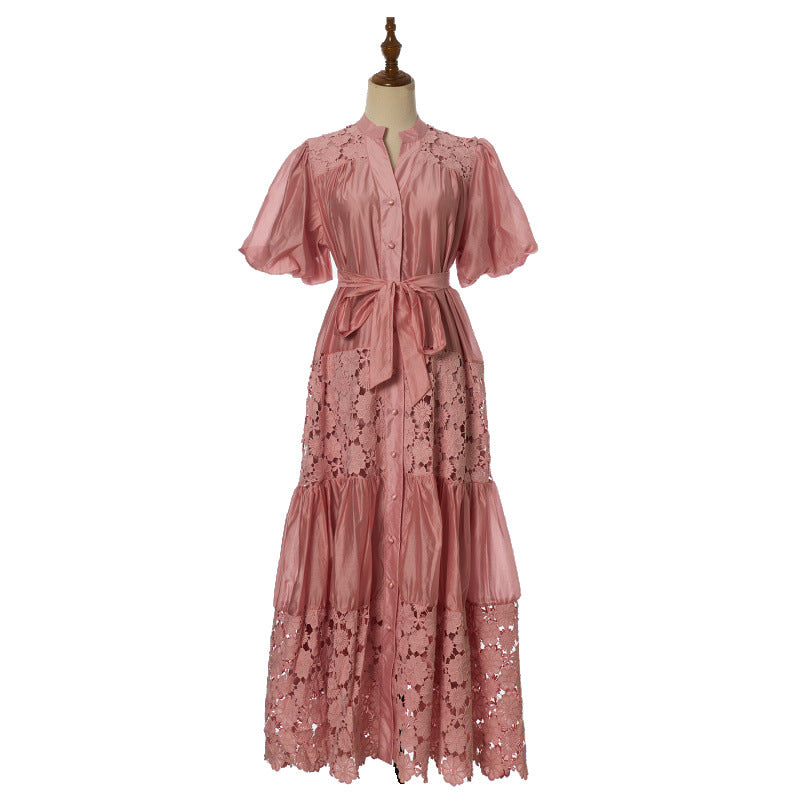 Female Strap Lace Splicing V-neck Bubble Sleeve Dress