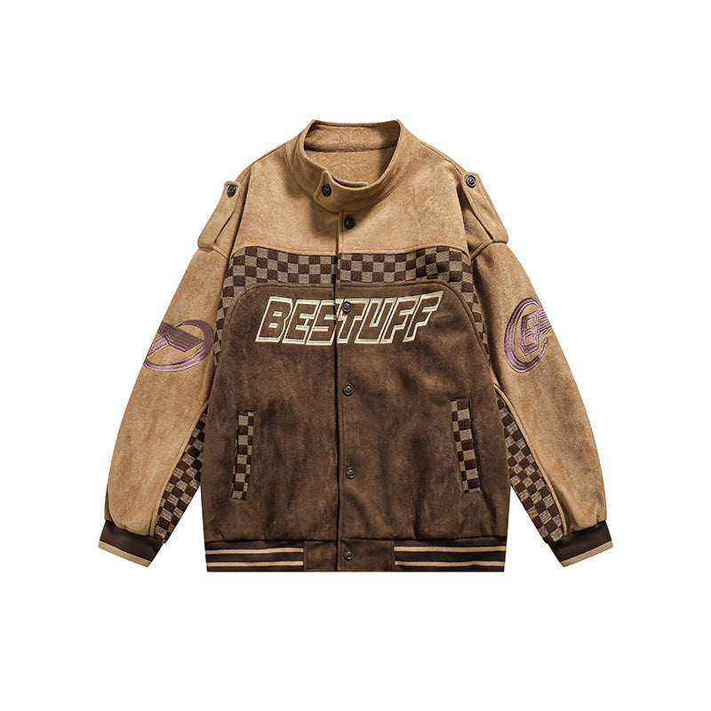 Hip-hop All-match Plaid Stitching Stand Collar Jacket Cardigan
