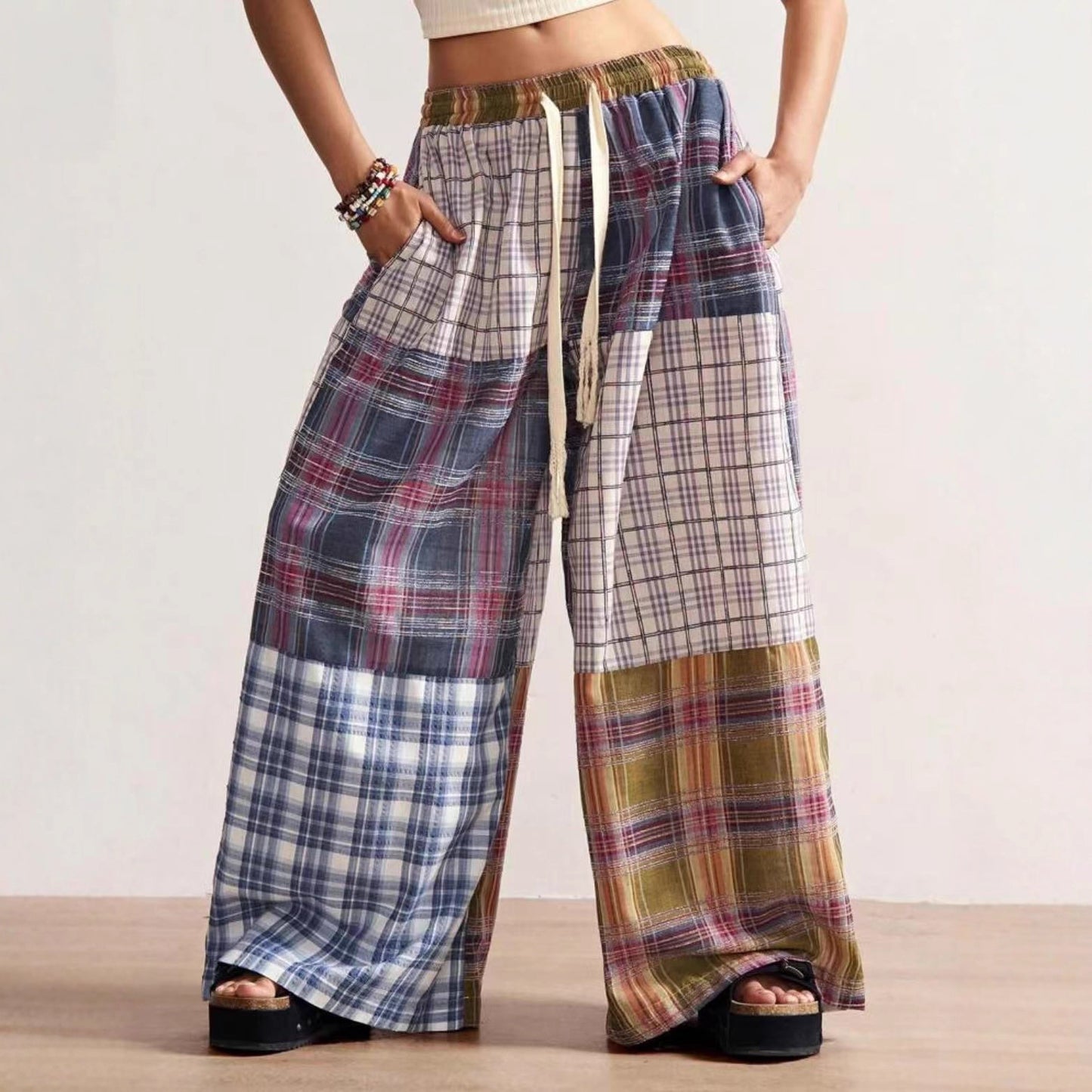 Retro High-waist Drawstring Printed Wide-leg Pants For Women