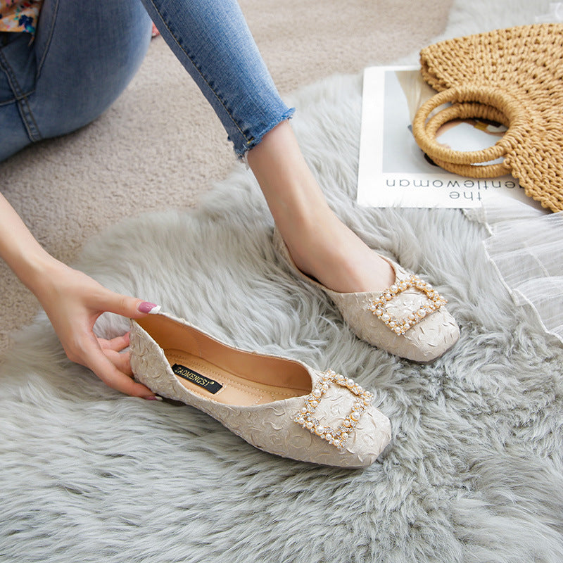 Women's Flat Bottom Shallow Mouth Square Toe Soft Leather Shoes