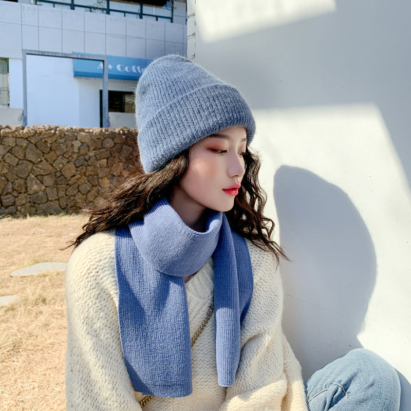 Rabbit fur thick warm woolen hat and scarf set