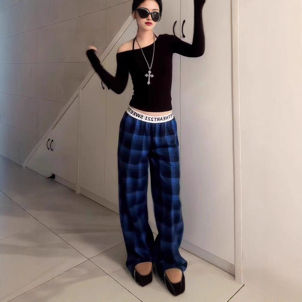 Womens Fashionable Retro Plaid Wide-Leg Pants