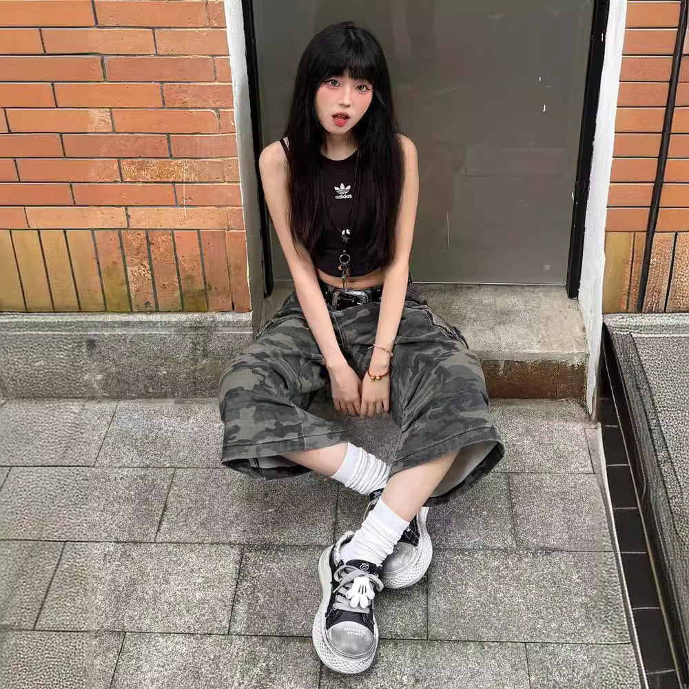 Summer Fashion All-matching High Waist Loose Straight Cargo Cropped Pants