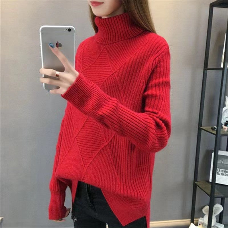 Turtleneck Pullover Diamond All-match Solid Color Loose Sweater