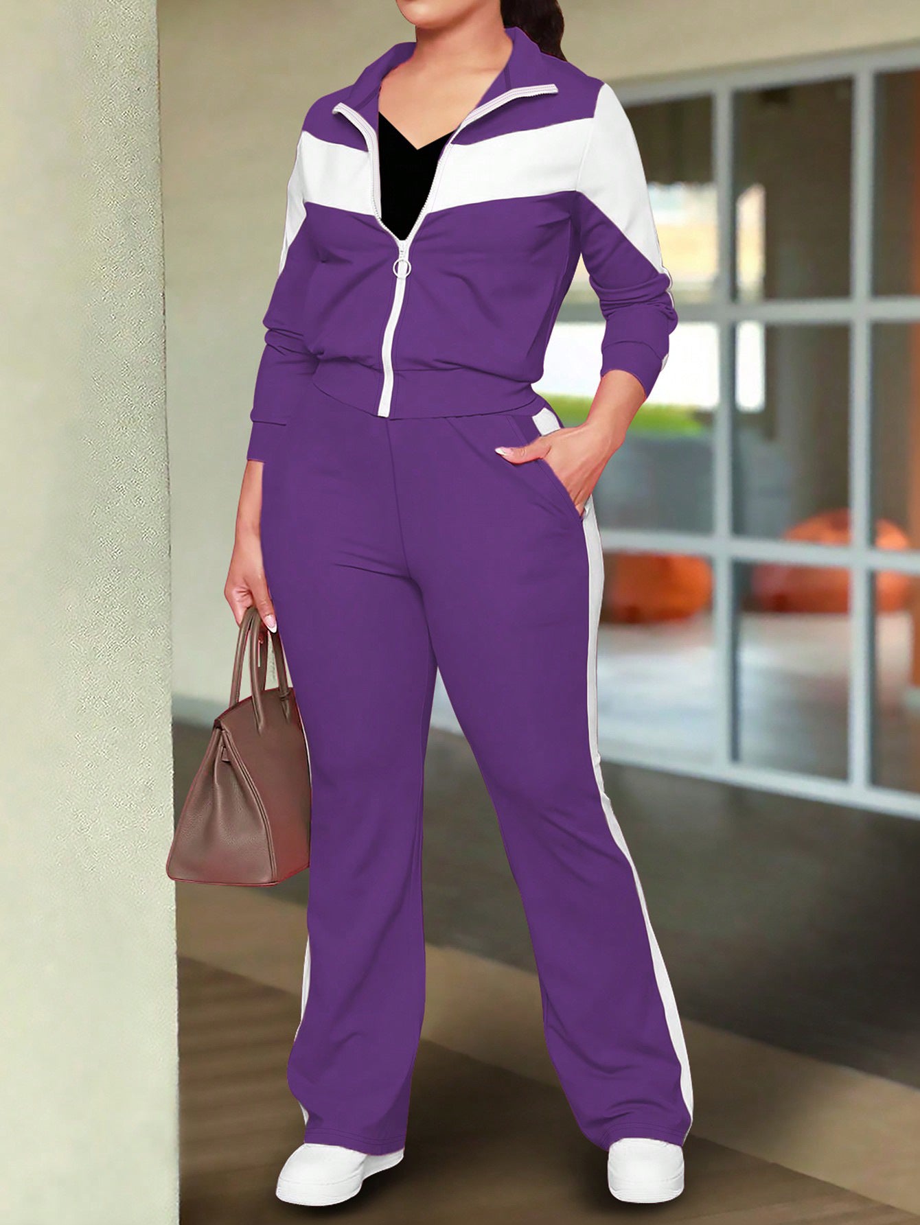 Fashionable And Comfortable Color-block Sporty Zip-up Jacket And Casual Pants Two-piece Set