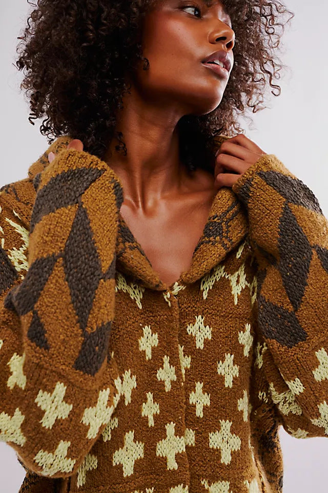 Abstract Print Turn-Neck Loose-Fit Long-Sleeve Knitted Sweater For Women