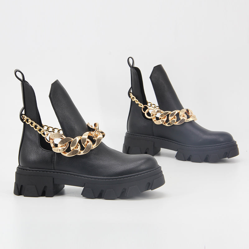 Chain Embellished Punk Style Low Round Toe Sleeve Ankle Boots