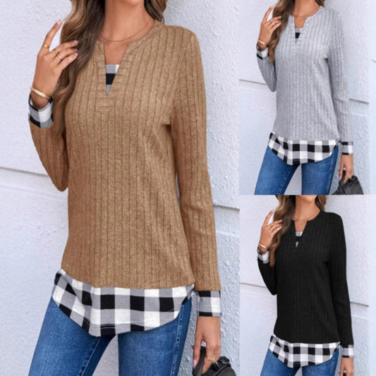 Women's V-neck Plaid Stitching Long-sleeved Thread Knitted Top