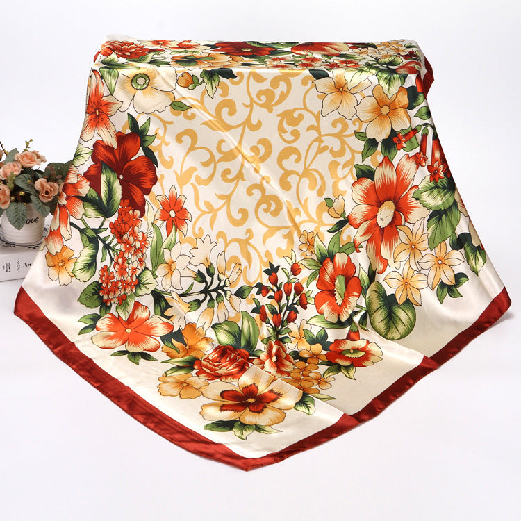 Spring And Autumn Women's Printed 90 Large Kerchief Artificial Silk Floral Scarf