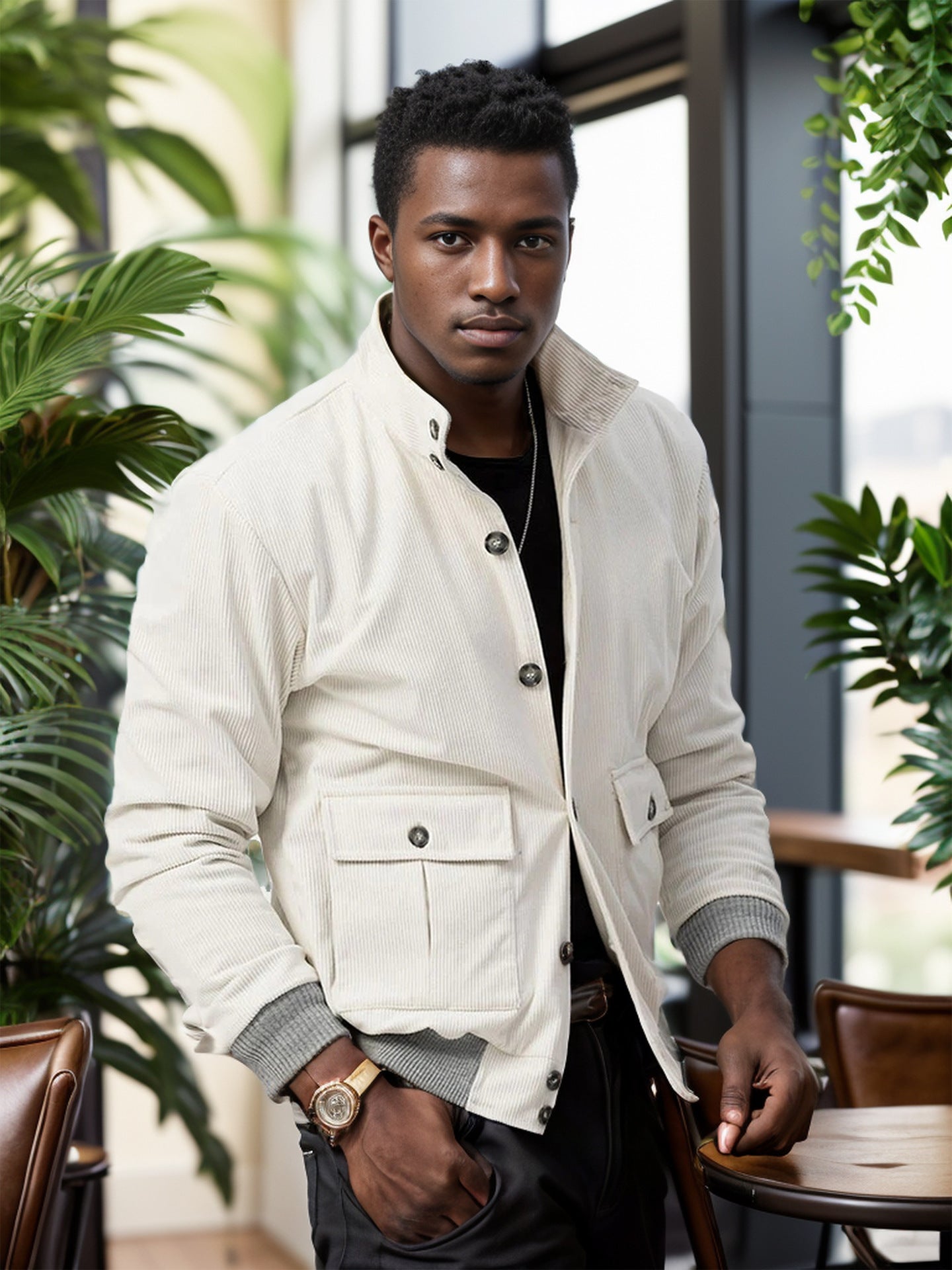 Men's Rib Color Matching Long Sleeve Fashionable Jacket