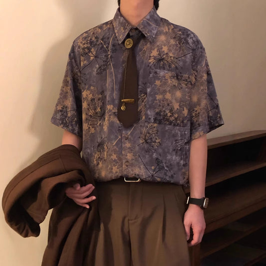 Retro Loose Printed Short-Sleeve Shirt Top Men's