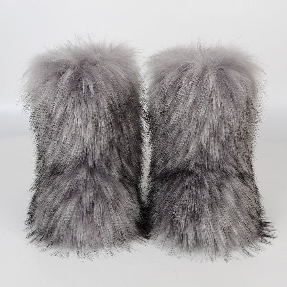 Winter Fur Integrated Imitation Raccoon Fur Women's Snow Boots Fluffy Shoes Outdoor Middle Boots