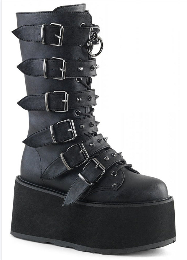 Autumn High-heeled Thick-bottomed Paint Belt Buckle Mid Boots