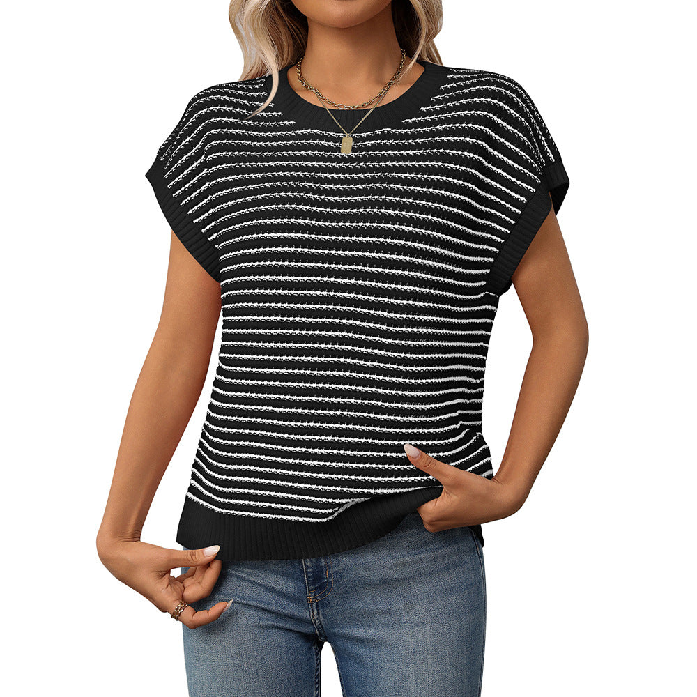 Ny Strikket Top Med Rund Hals Afslappet Stribet Sweater Med Kontrastfarve
