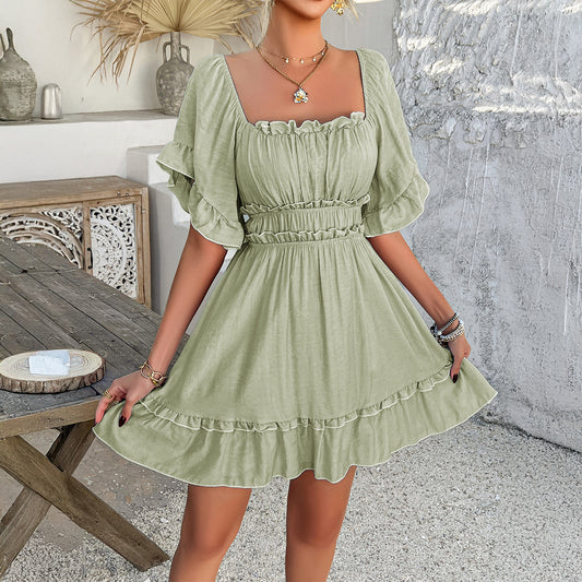 Casual Resort-Style Solid-Color Ruffle-trimmed Short-sleeve Dress