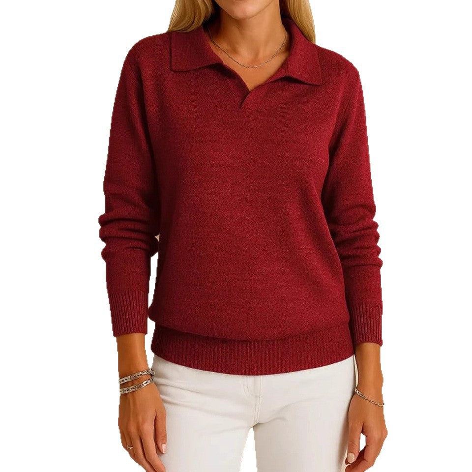 Solid-color Long-sleeve Casual Loose-fitting Polo-neck Knit Pullover