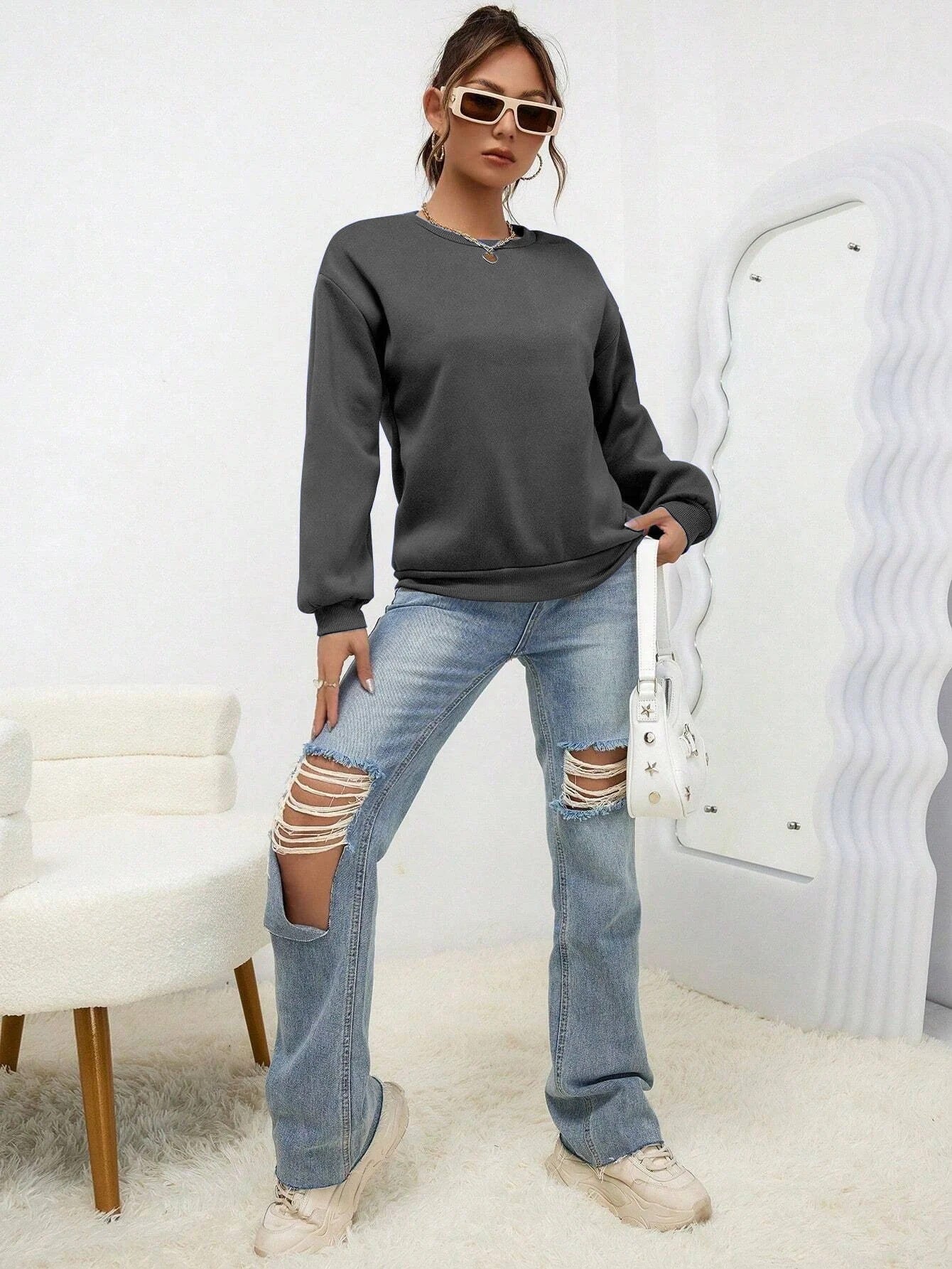Solid Color Womens Sweatshirt Casual Comfortable And Loose Fitting Sporty Top