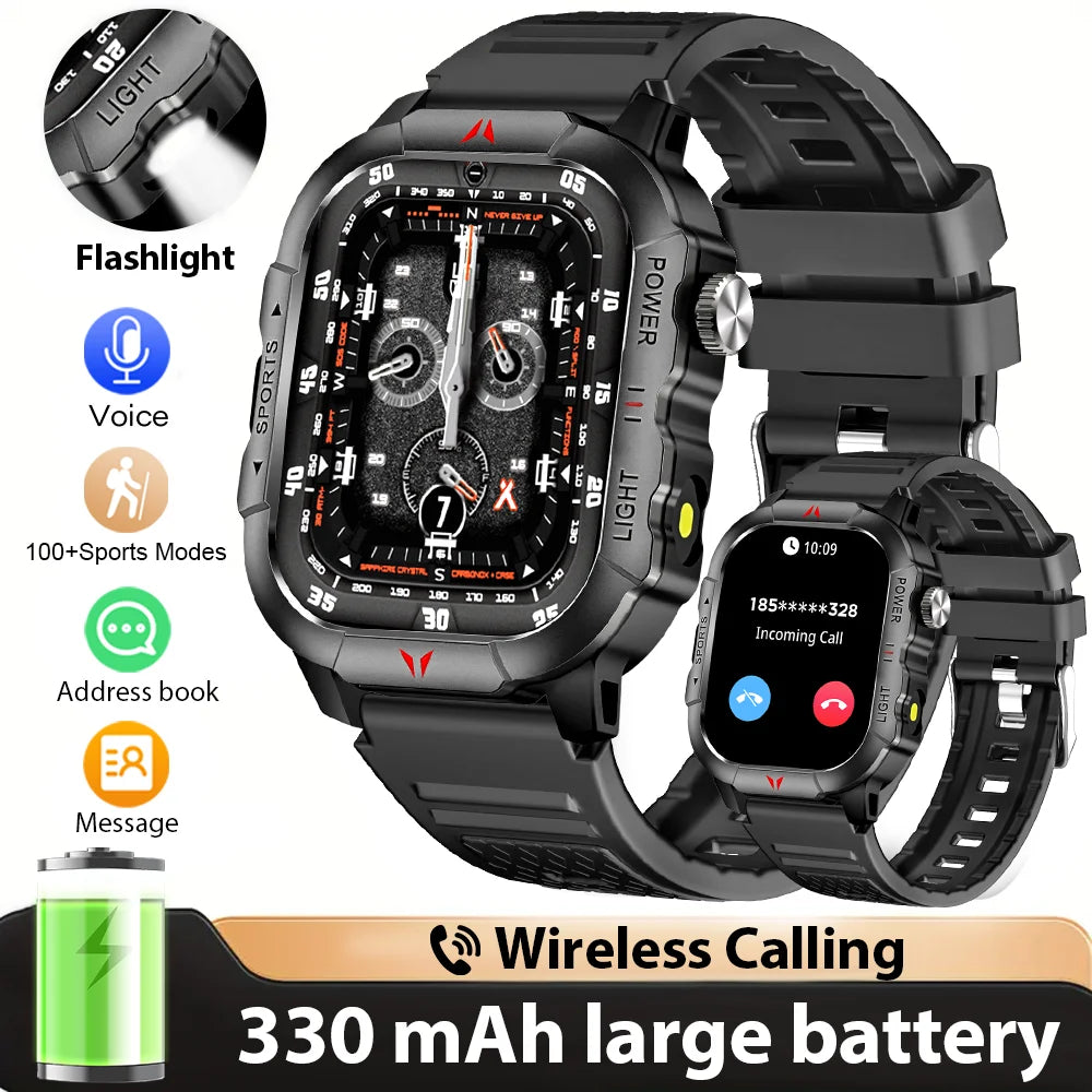 2025 New Men Smart Watch LED Flashlight BT Call 100+ Sports Modes Health Monitoring IP68 Waterproof Outdoor Smart Watch