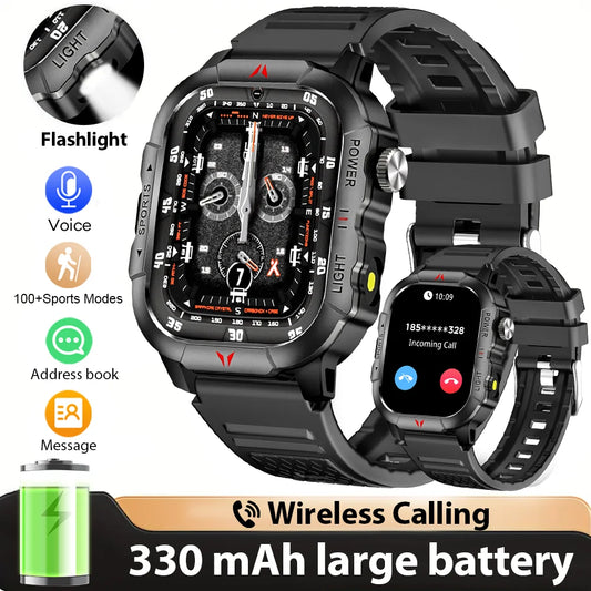2025 New Men Smart Watch LED Flashlight BT Call 100+ Sports Modes Health Monitoring IP68 Waterproof Outdoor Smart Watch