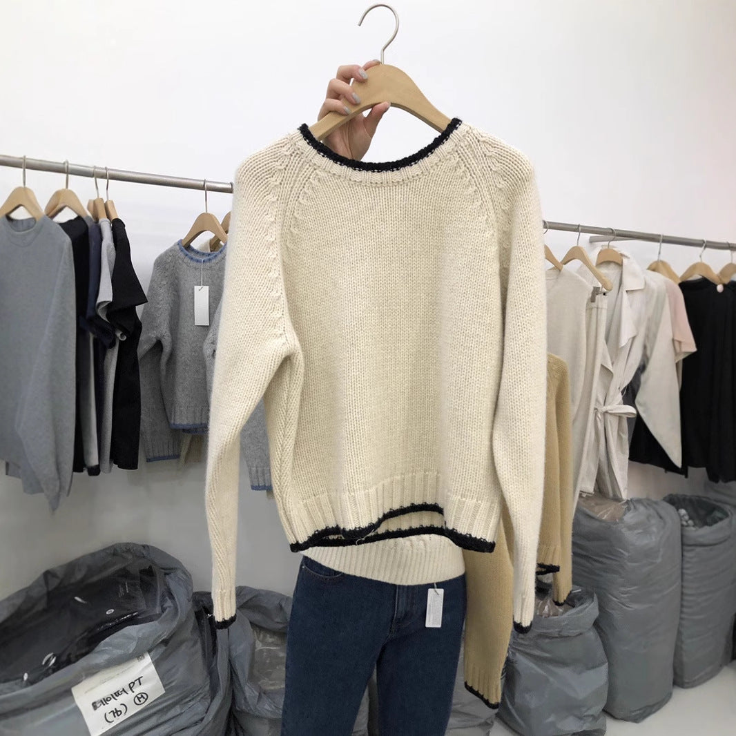 Contrast Color Knitted Collar Round Neck Sweater