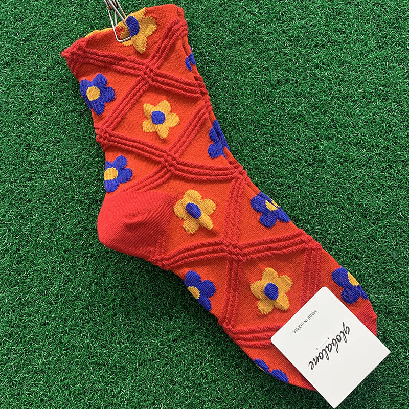 Ladies plaid flower cotton socks
