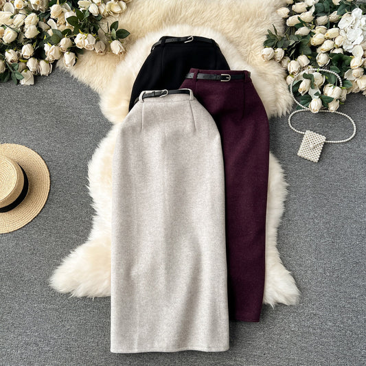 Woolen High Waist Sheath Split Straight One-step Skirt
