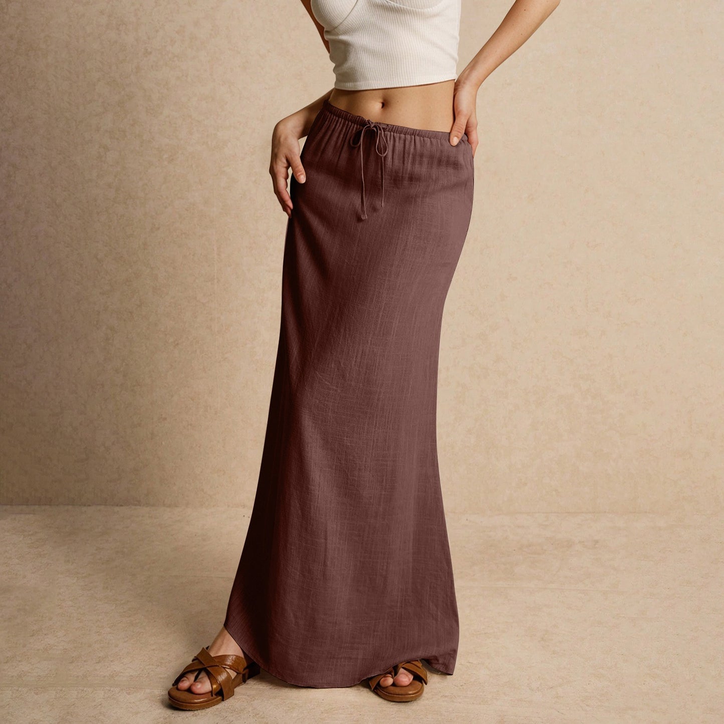 Women's Solid Color Drawstring Elastic Waist Skirt