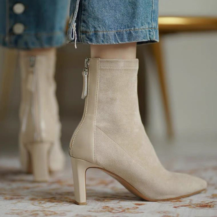 Stiletto Heel And Pointed Temperament Suede Sheepskin Plus Velvet Back Zipper Thin Boots