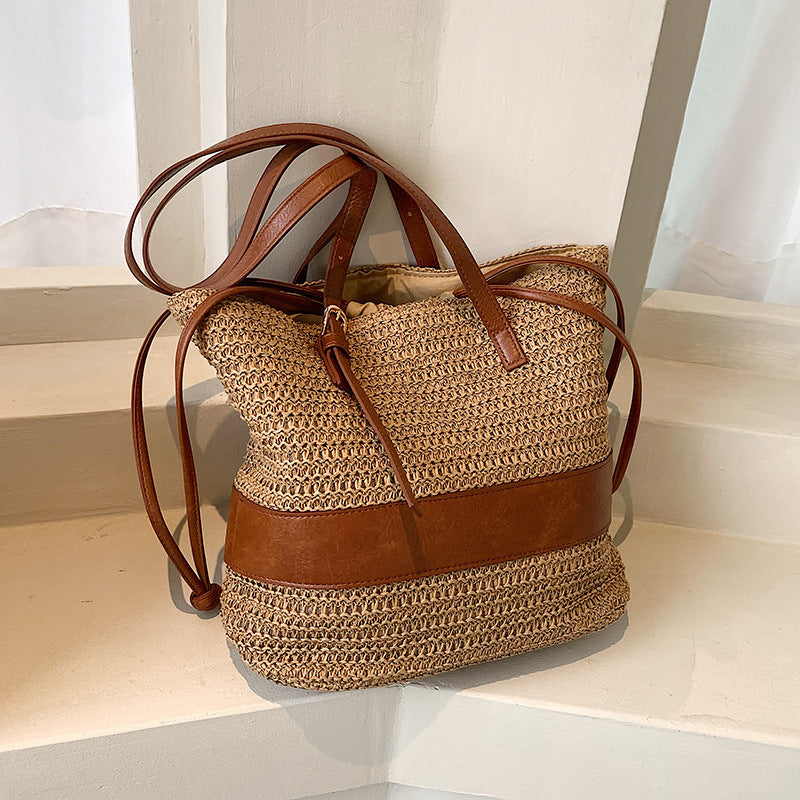 Women's Patchwork One Shoulder Straw Woven Bag