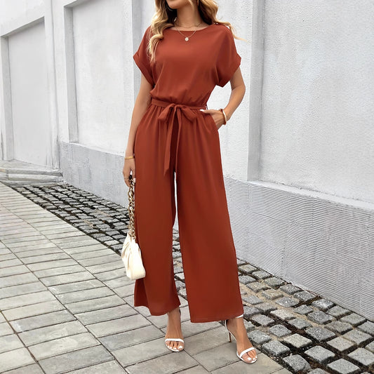 Kvinder solid farve jumpsuit med bælte og rund hals