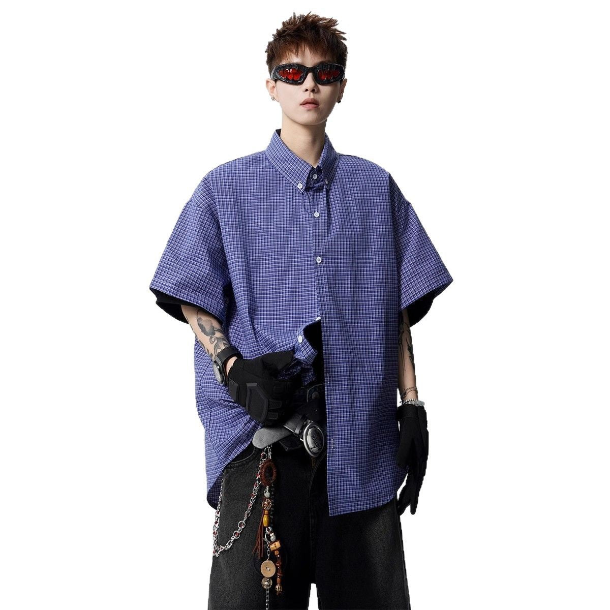 American-style Retro Blue Plaid Preppy Short-sleeve Shirt For Men