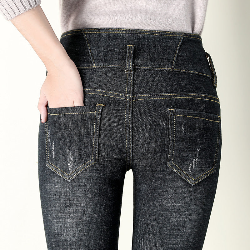 Plush padded jeans women's high-waisted trousers