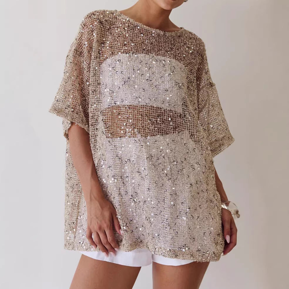 Women's Loose Sheer Mesh Sequin Blouse