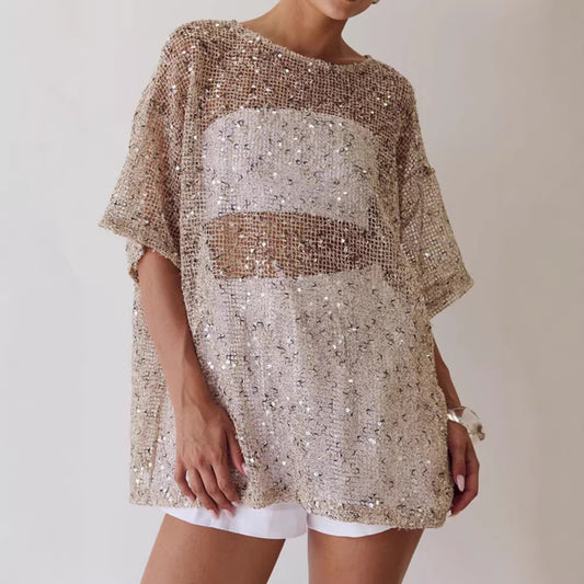 Women's Loose Sheer Mesh Sequin Blouse
