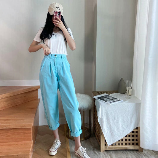 High Waist Washed Pleated Jeans Roll-up Radish Pants