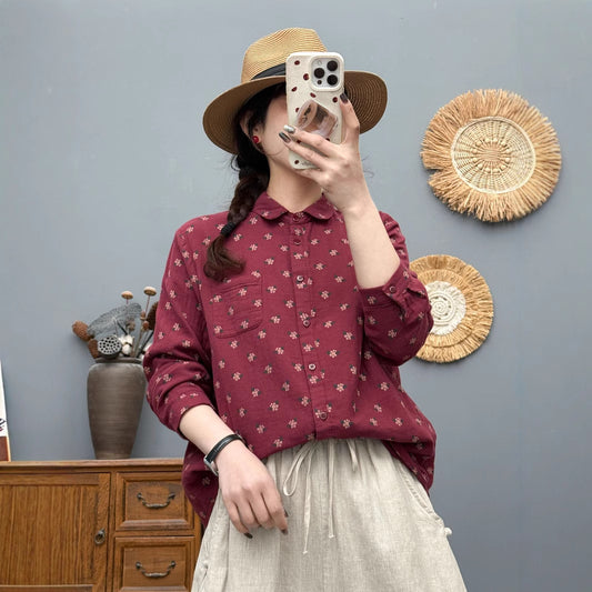 Retro Floral Cotton And Linen Blouse For Women