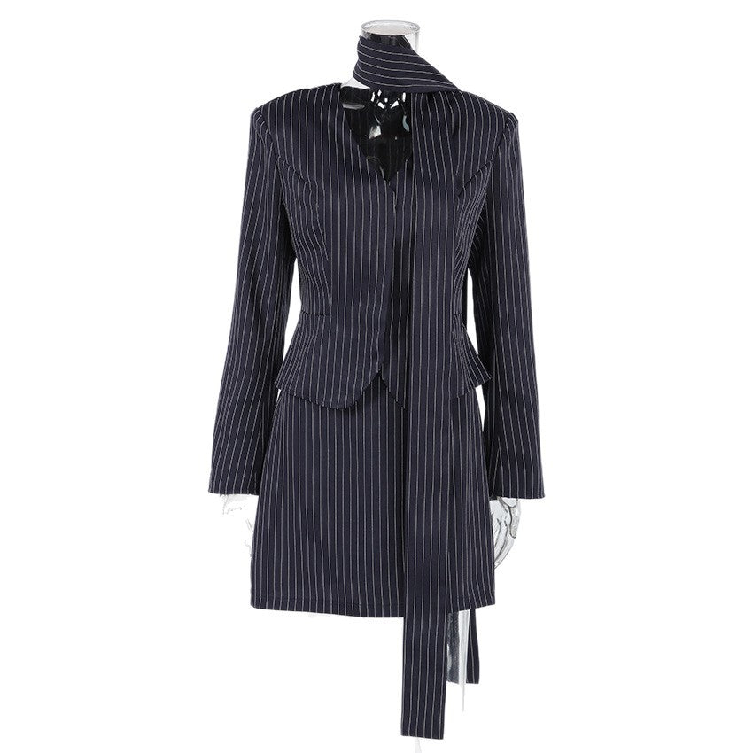 Navy Blue Striped V-Neck Defined-Waist Blazer Top And Short A-Line Skirt Womens Fashionable Casual Two-Piece Set