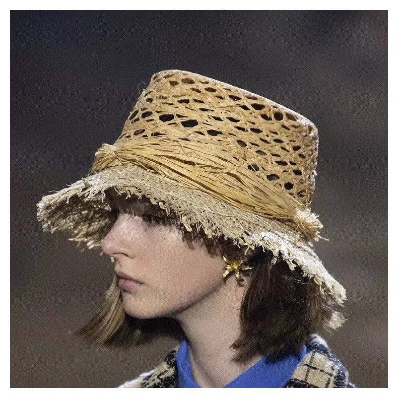 Fashion Raffia Hollow Raw Edge Breathable Sun Hat