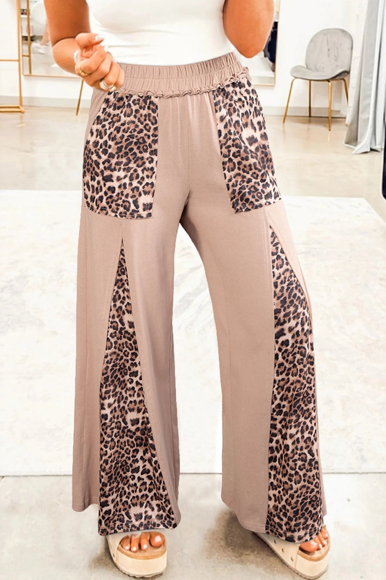 Grass-yellow Mineral-washed Leopard-print Patchwork Wide-leg Pants