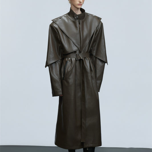 Waist-tight Copper Coin Buckle Below The Knee Trench Coat