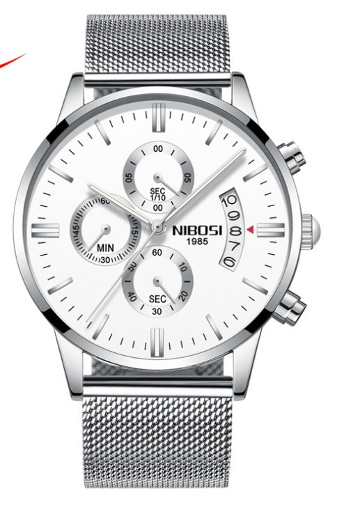 Solid steel belt men's watch waterproof coated glass luminous three-eye 6-pin quartz watch