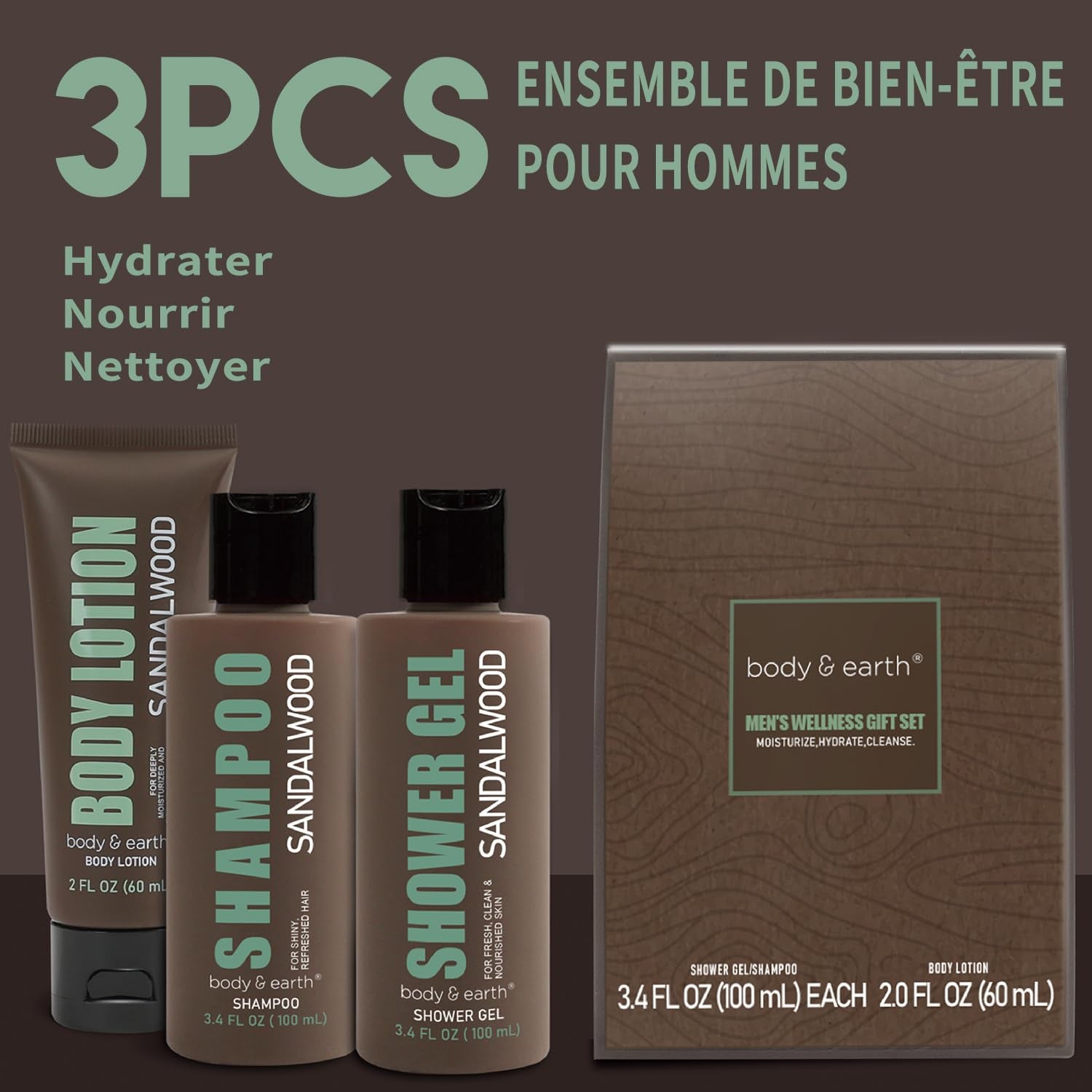 Men Gift Sets - 3PC Mens Gift Baskets Includes Sandalwood Shower Gel, Body Lotion, Shampoo, Mens Gift Basket as Birthday and Christmas Gifts for Men, Boyfriends and Husbands